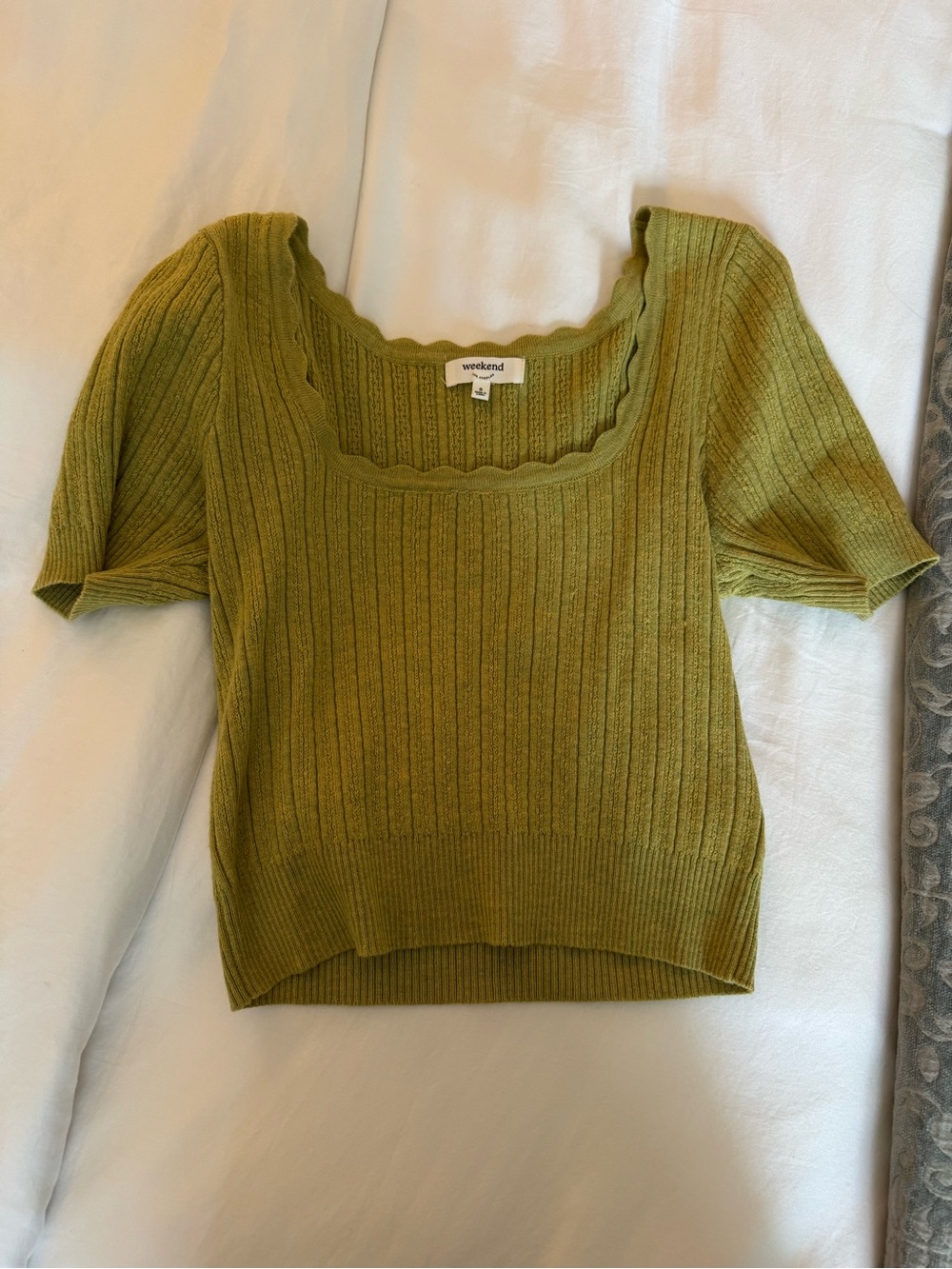Weekend Max Mara Olive Ribbed Scalloped Square Neck Top